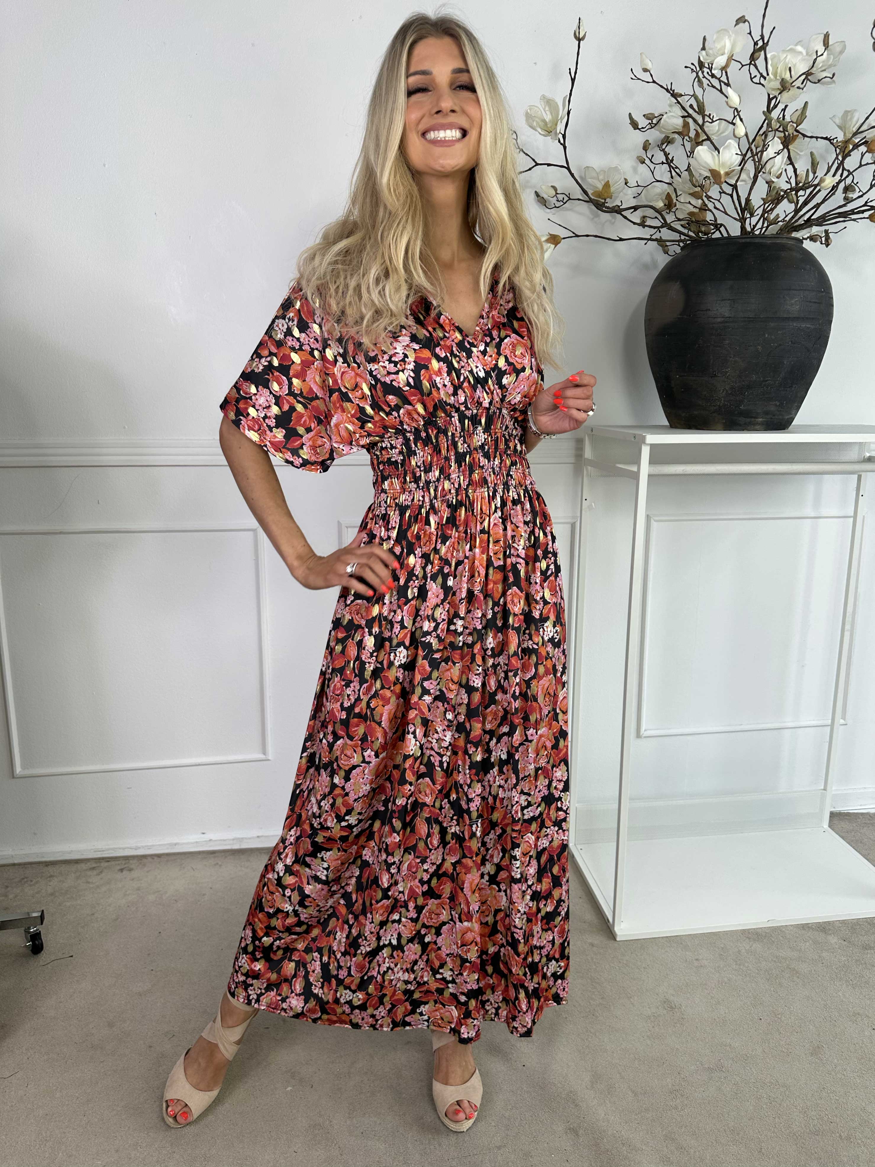 Pams Small Rose - Elastisk kjole med blomsterprint og guld detaljer